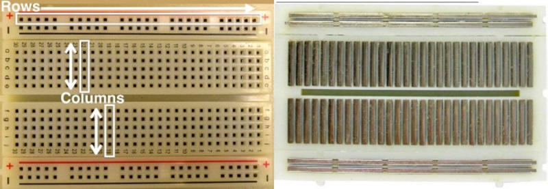 (right) Picture of the front of the breadboard showing boxes that demonstrate the connections between the holes. (Left) Picture of the back fo the breadboard that shows the horizontal metal strips on the top and bottom of the breadboard and the vertical metal strips in the middle two sections demonstrating the conenctions